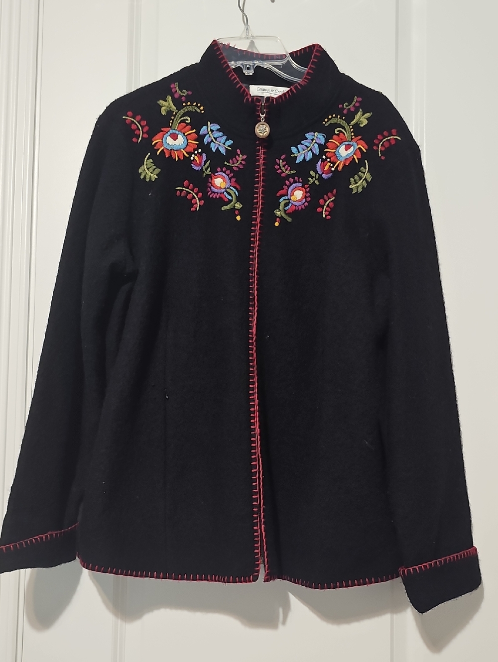 Coldwater Creek Black Embroidered Cardigan Jacket with Multicolor Floral Detail